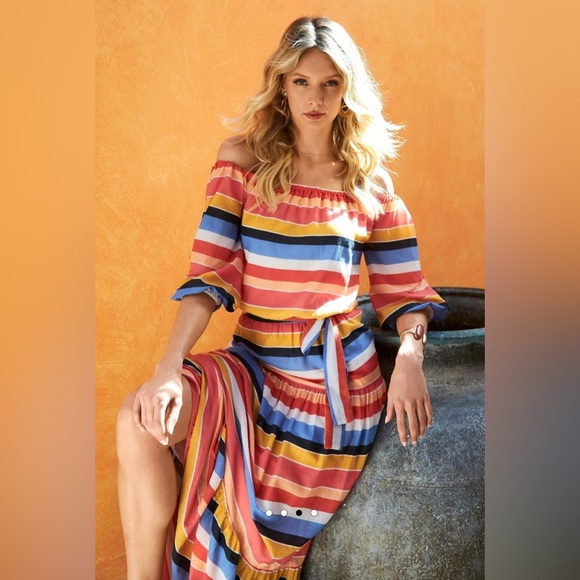 Boston Proper Striped Off-Shoulder Maxi Dress - Picture 4 of 9
